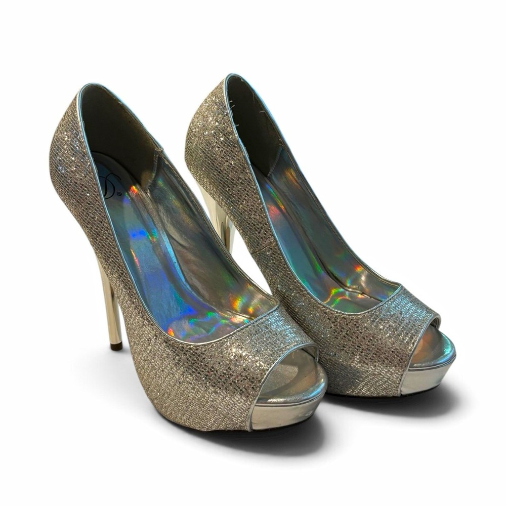 Silver Glitter Platform Heels Women's 7.5 Peep Toe Stiletto Pumps Party Prom